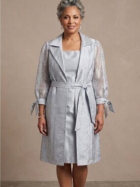 Le Bos silver metallic sleeveless dress with embroidered sheer topper 20W Plus